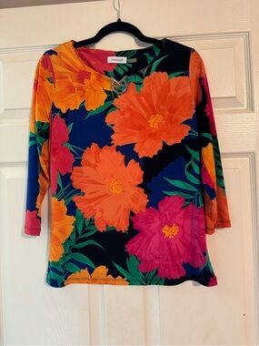 Calvin Klein Bold Floral Long Sleeve Top in Navy, Orange & Pink